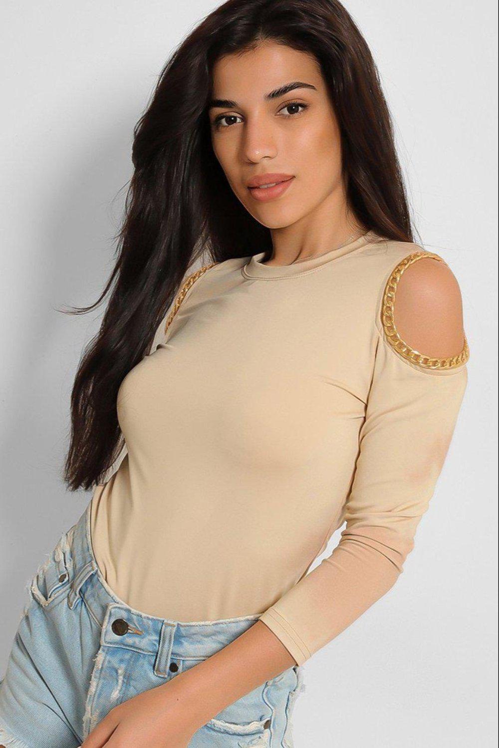Chain Trim Cold Shoulder Slinky Top