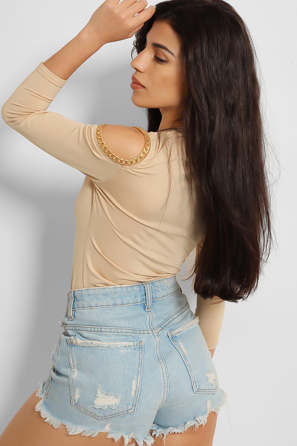Beige Chain Trim Cold Shoulder Slinky Top-SinglePrice