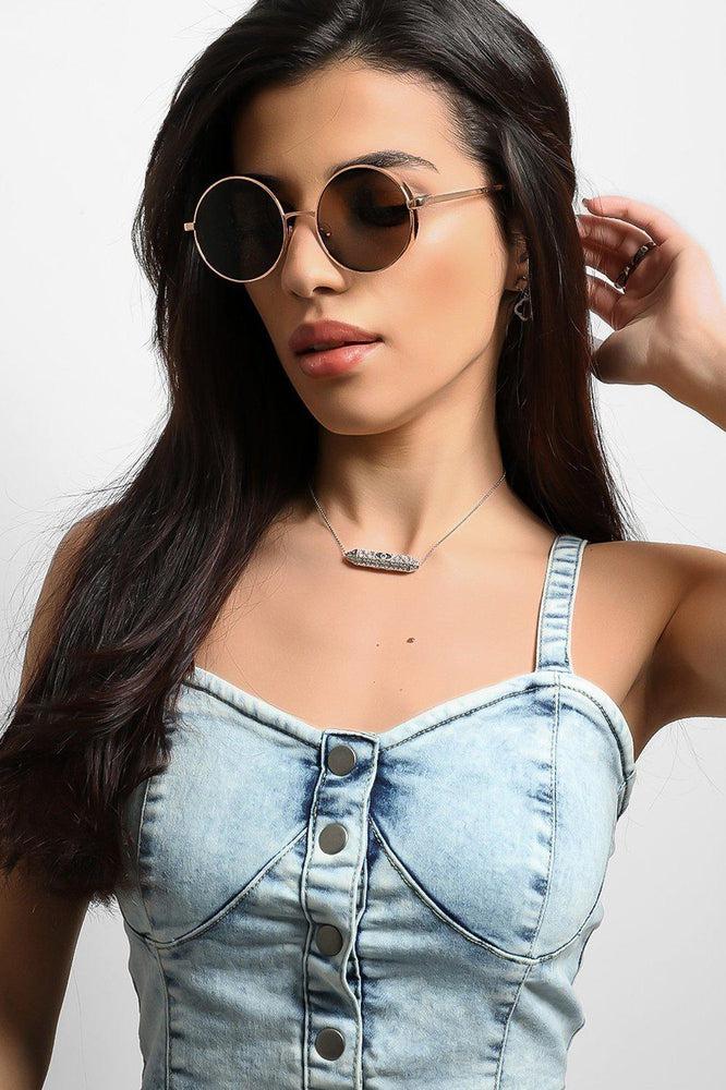 Gold Frame Brown Retro Round Aviator Sunglasses-SinglePrice
