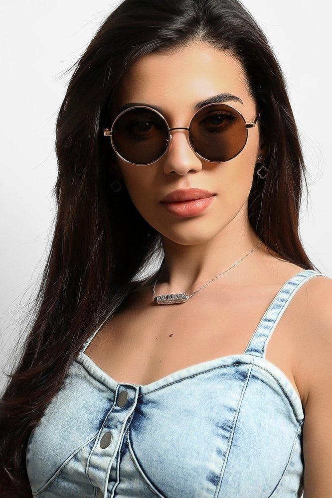 Gold Frame Brown Retro Round Aviator Sunglasses-SinglePrice