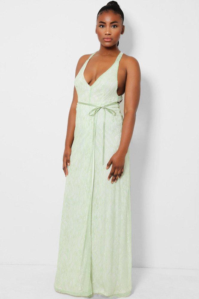 Green Delicate Lace Overlay Wrap Front Maxi Dress-SinglePrice