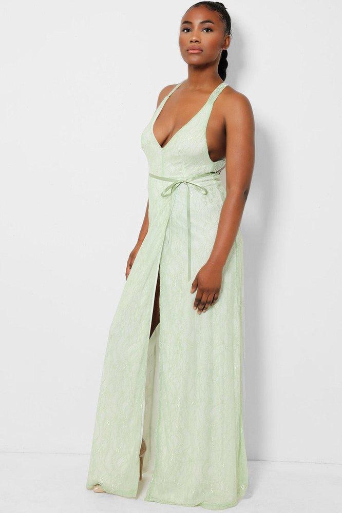 Green Delicate Lace Overlay Wrap Front Maxi Dress-SinglePrice