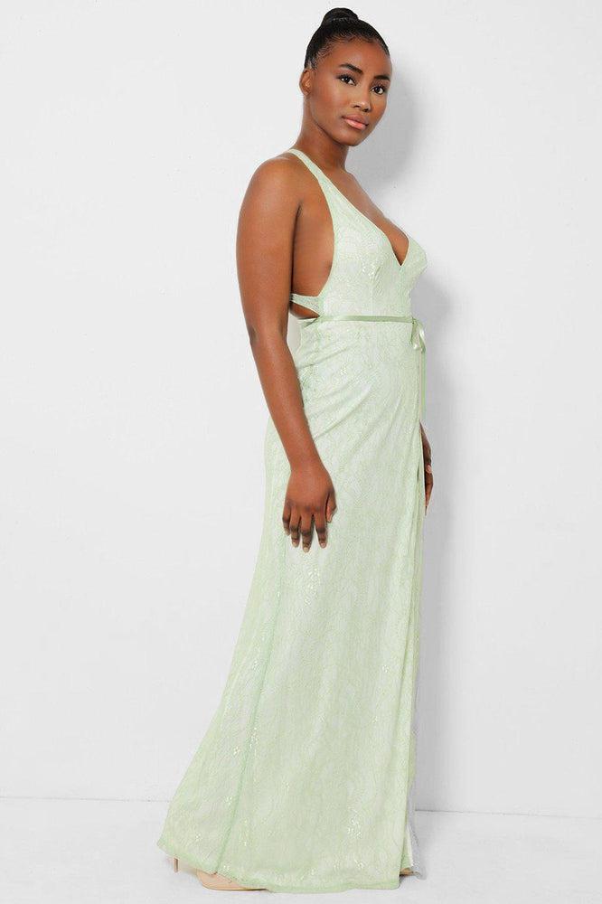 Green Delicate Lace Overlay Wrap Front Maxi Dress-SinglePrice