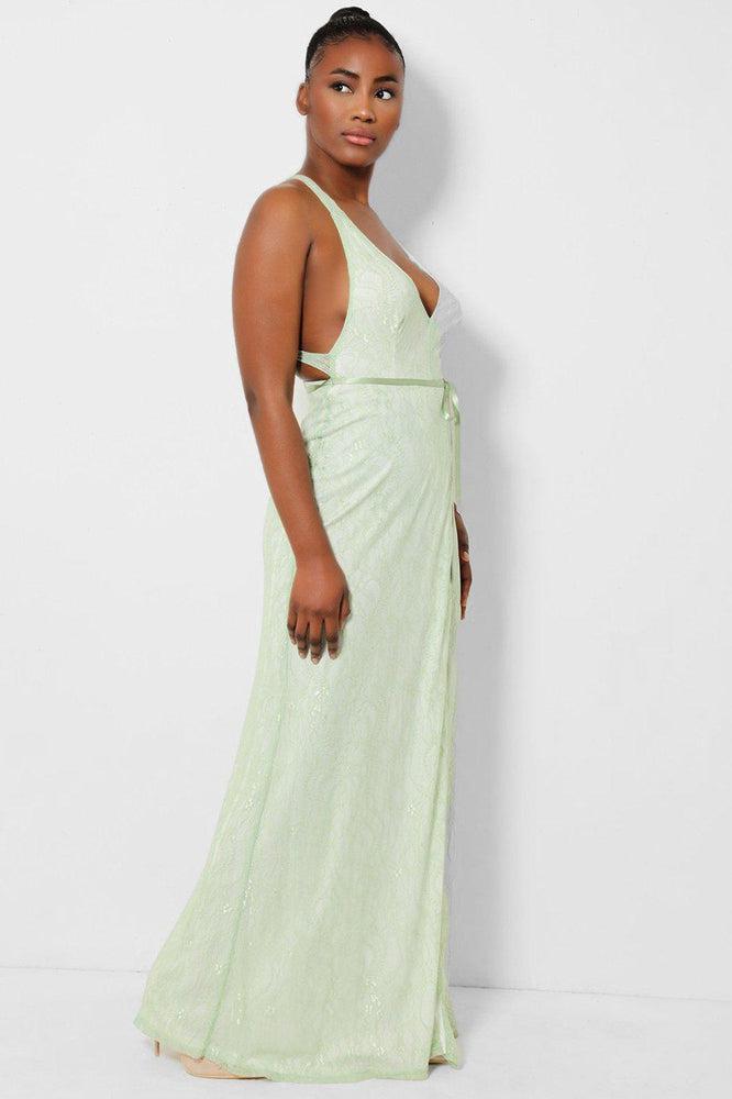 Green Delicate Lace Overlay Wrap Front Maxi Dress-SinglePrice