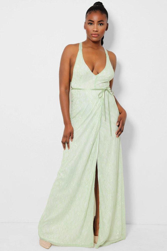 Green Delicate Lace Overlay Wrap Front Maxi Dress-SinglePrice