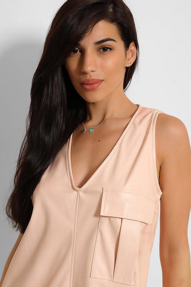 Nude Vegan Leather V-Neck Sleeveless Dress-SinglePrice