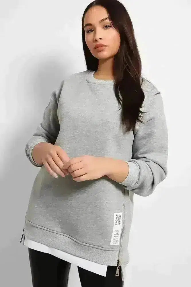 Shirt Hem Zip Sides Sweatshirt-SinglePrice