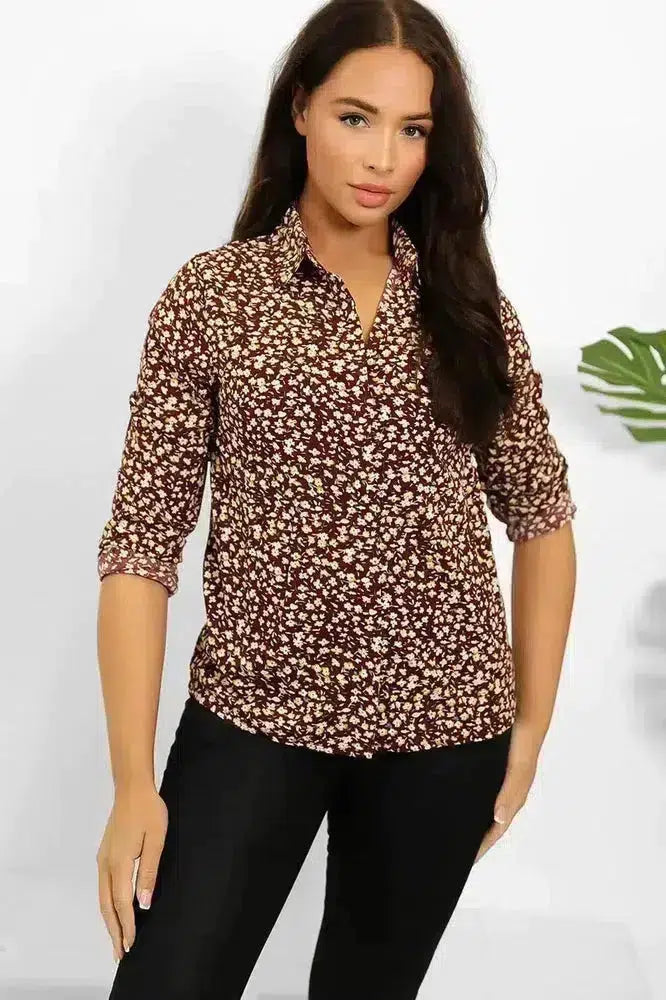 Burgundy Floral Print Classic Shirt-SinglePrice