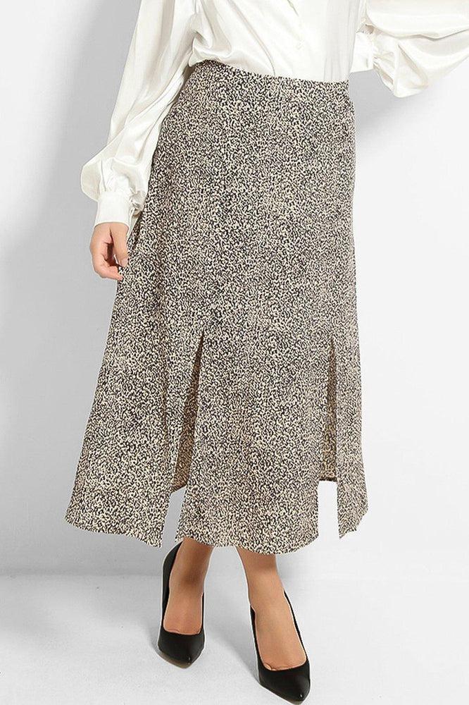 Beige Black Speckled Print Twin Front Split Skirt-SinglePrice
