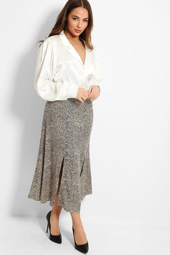Beige Black Speckled Print Twin Front Split Skirt-SinglePrice
