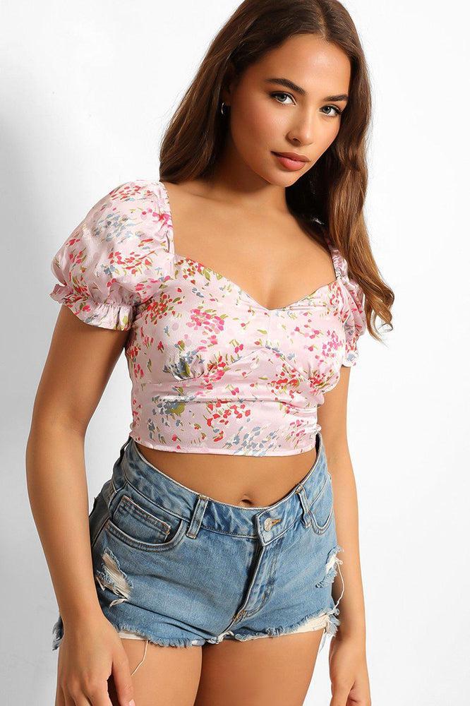 Pink Satin Floral Finish Shirred Crop Top-SinglePrice