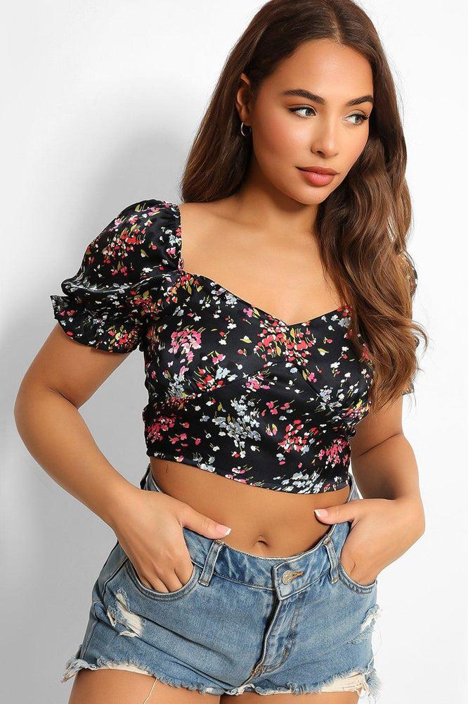 Navy Satin Floral Finish Shirred Crop Top-SinglePrice