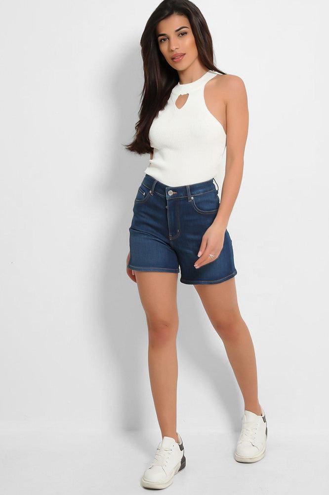 Dark Blue Denim Mid Thigh Shorts-SinglePrice