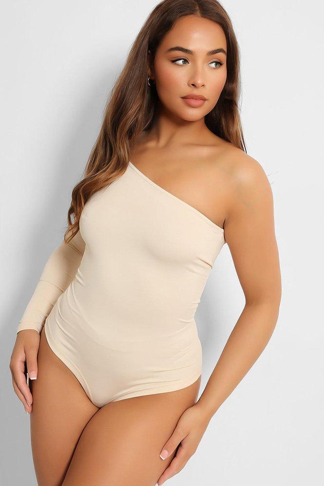 Cream One Shoulder Slinky Bodysuit-SinglePrice