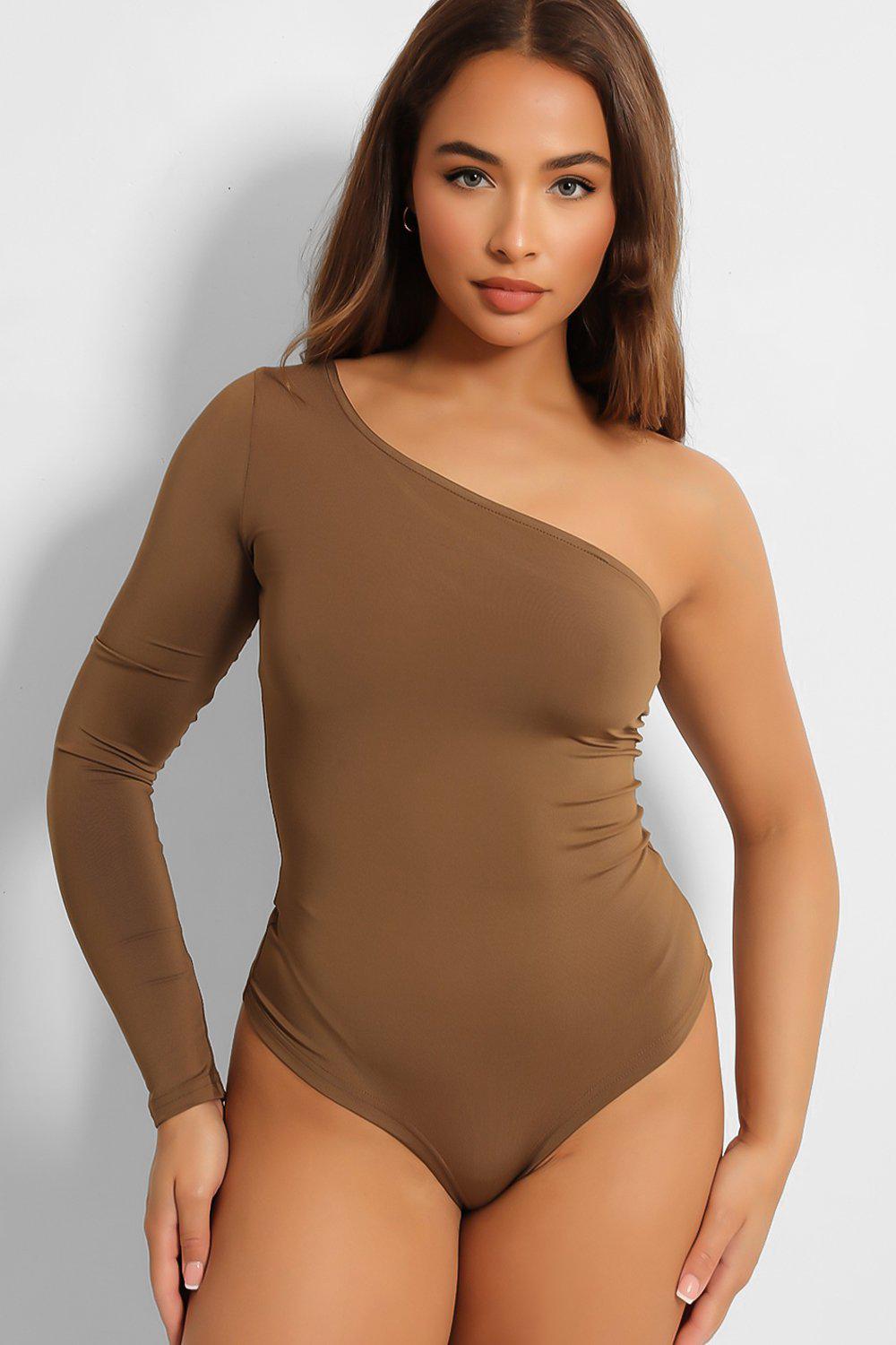Taupe One Shoulder Slinky Bodysuit-SinglePrice