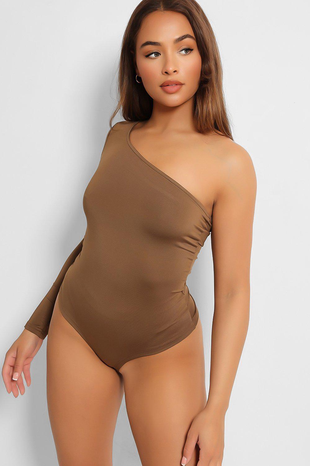 Taupe One Shoulder Slinky Bodysuit-SinglePrice