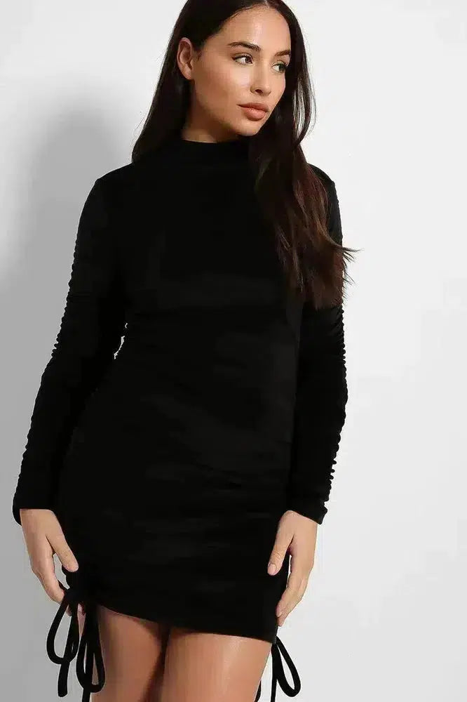 Drawstring Sides Velvet High Neck Dress-SinglePrice