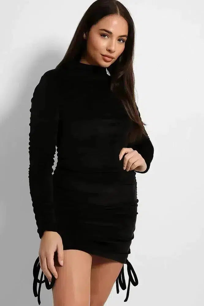 Drawstring Sides Velvet High Neck Dress-SinglePrice