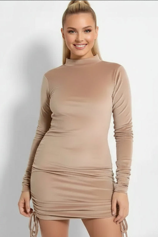 Drawstring Sides Velvet High Neck Dress-SinglePrice