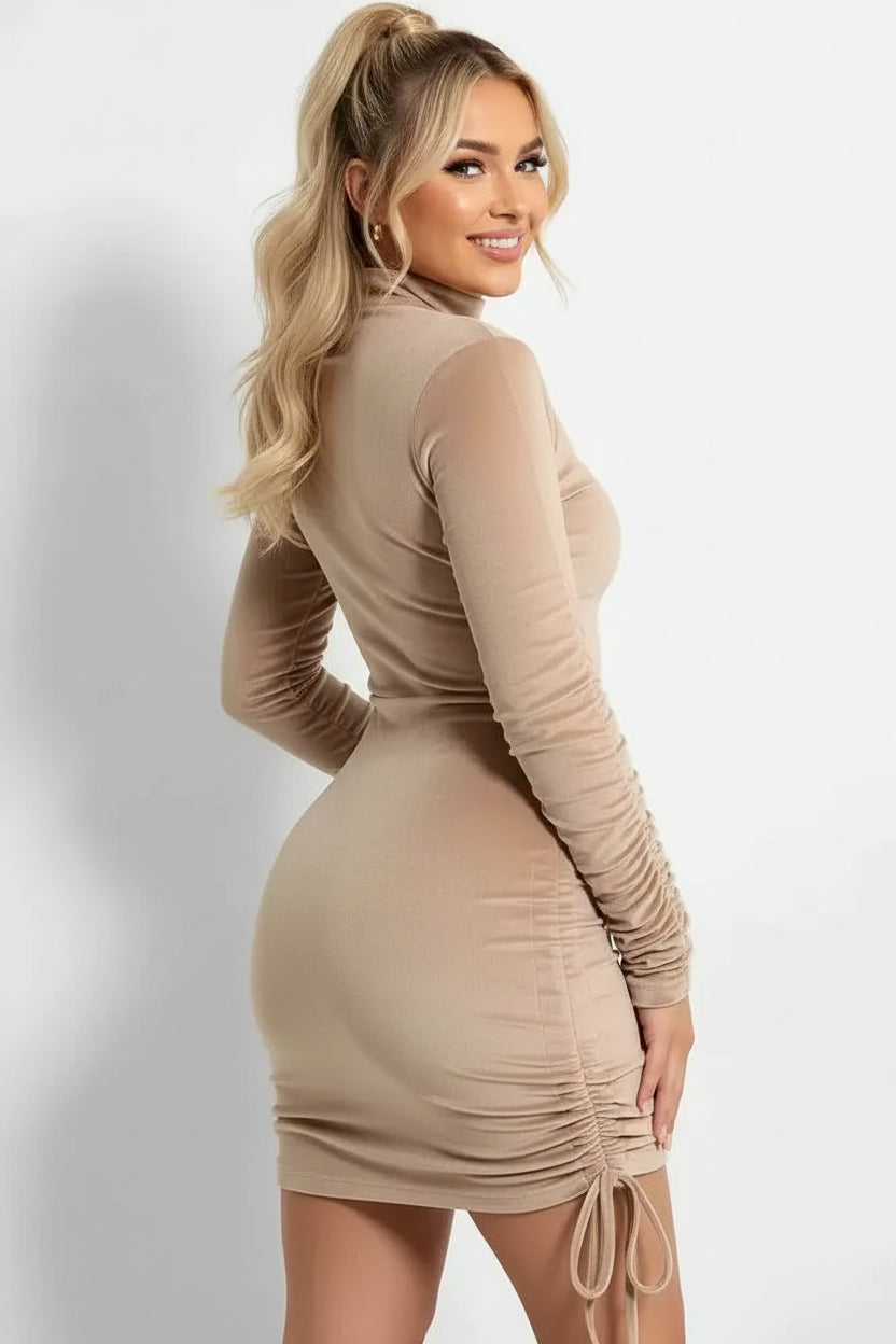 Drawstring Sides Velvet High Neck Dress-SinglePrice