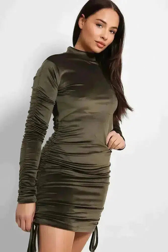 Drawstring Sides Velvet High Neck Dress-SinglePrice