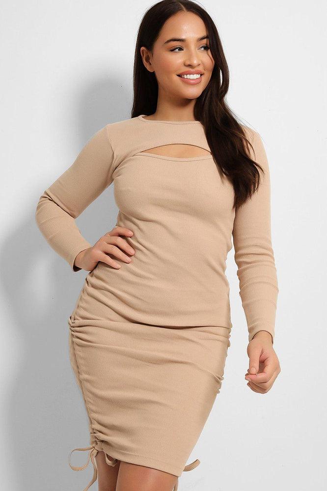 Cut Out Neckline Drawstring Sides Bodycon Dress-SinglePrice