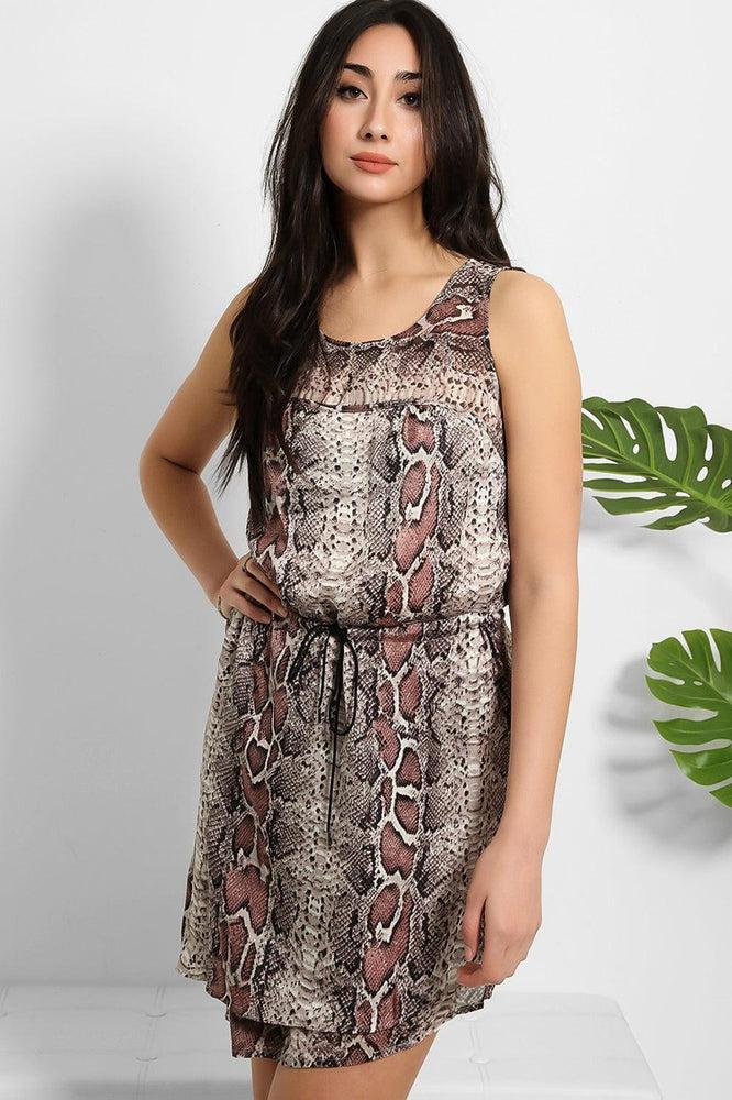 Grey Pink Phyton Print Drawstring Waist Dress-SinglePrice