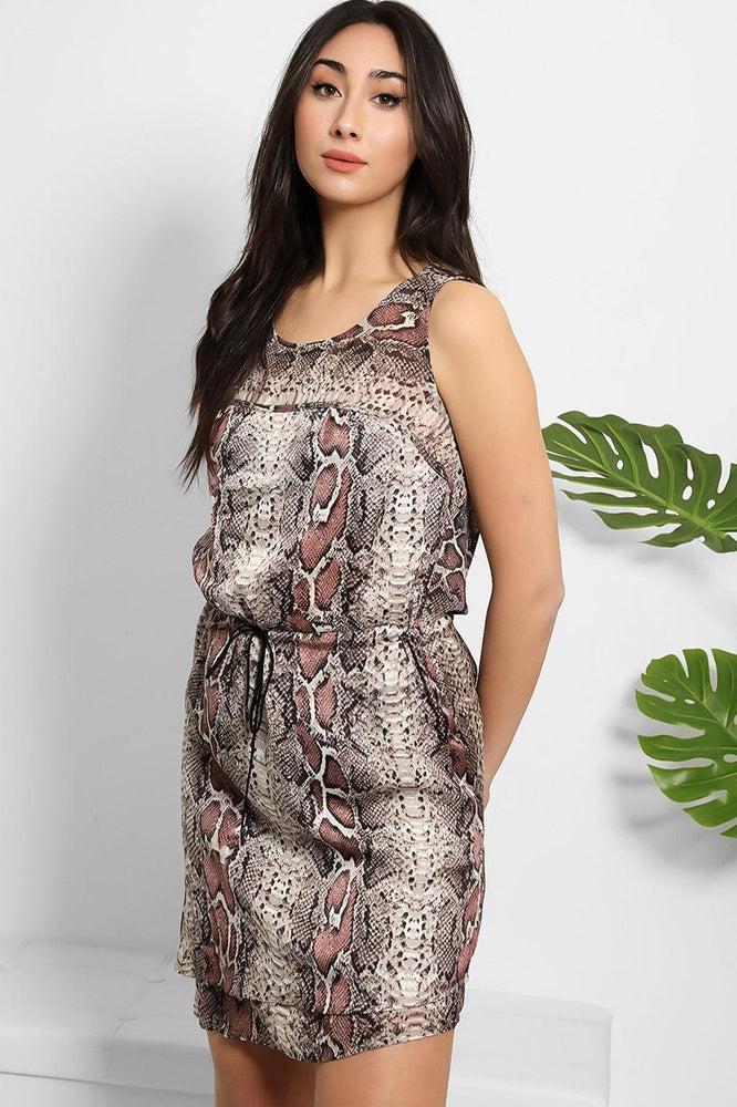 Grey Pink Phyton Print Drawstring Waist Dress-SinglePrice