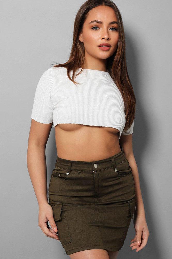 Khaki Stretchy Denim Utility Pockets Mini Skirt-SinglePrice