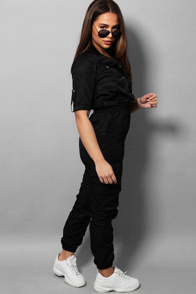 Black Parachute Fabric Utility Boiler Jumpsuit-SinglePrice