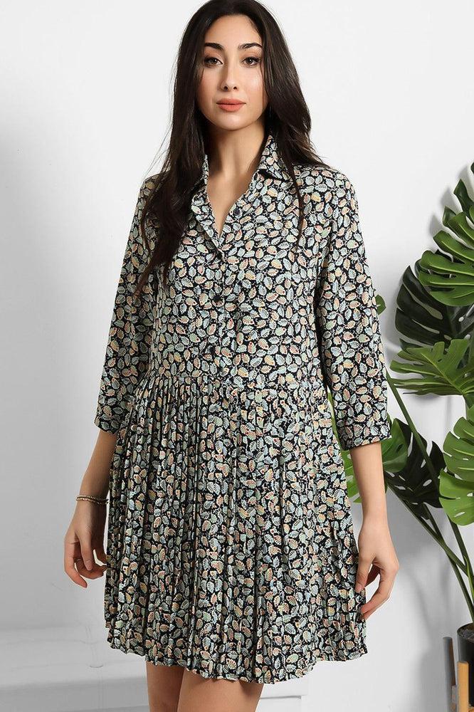 Lurex Leaves Print Pleated Midi Dress-SinglePrice