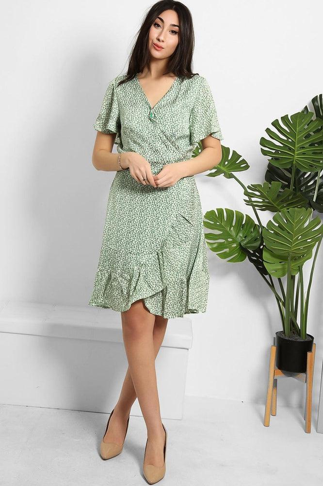Tiny Floral Print Satin Wrap Dress-SinglePrice