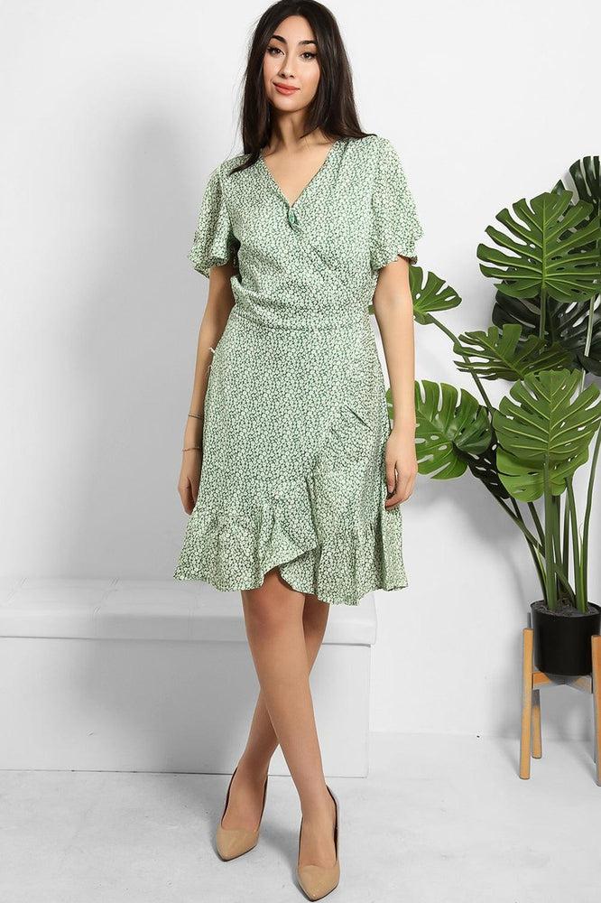 Tiny Floral Print Satin Wrap Dress-SinglePrice