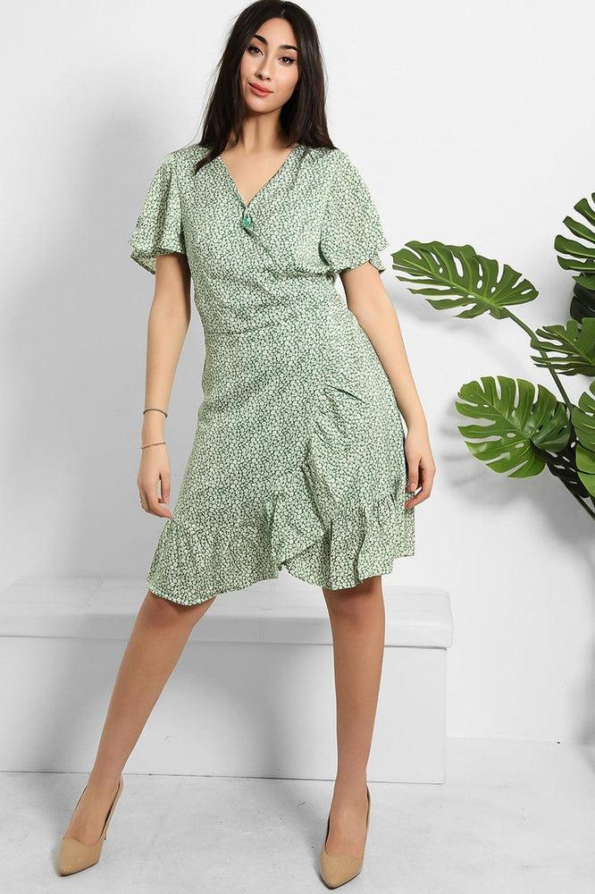 Tiny Floral Print Satin Wrap Dress-SinglePrice