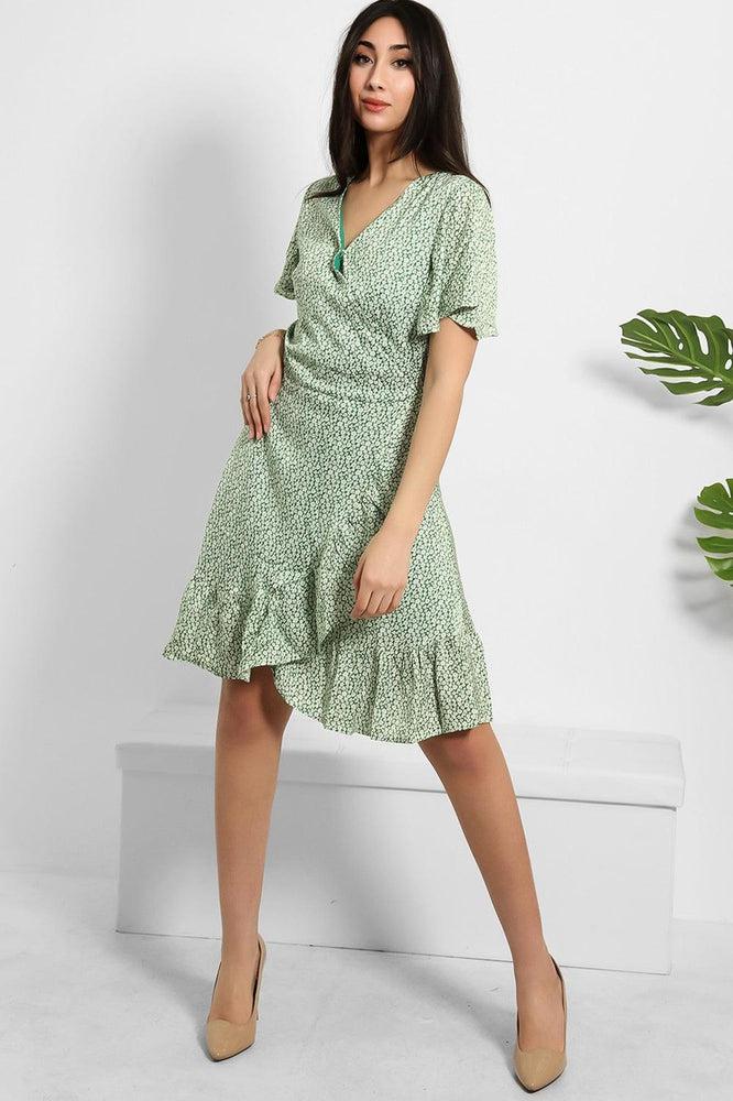 Tiny Floral Print Satin Wrap Dress-SinglePrice