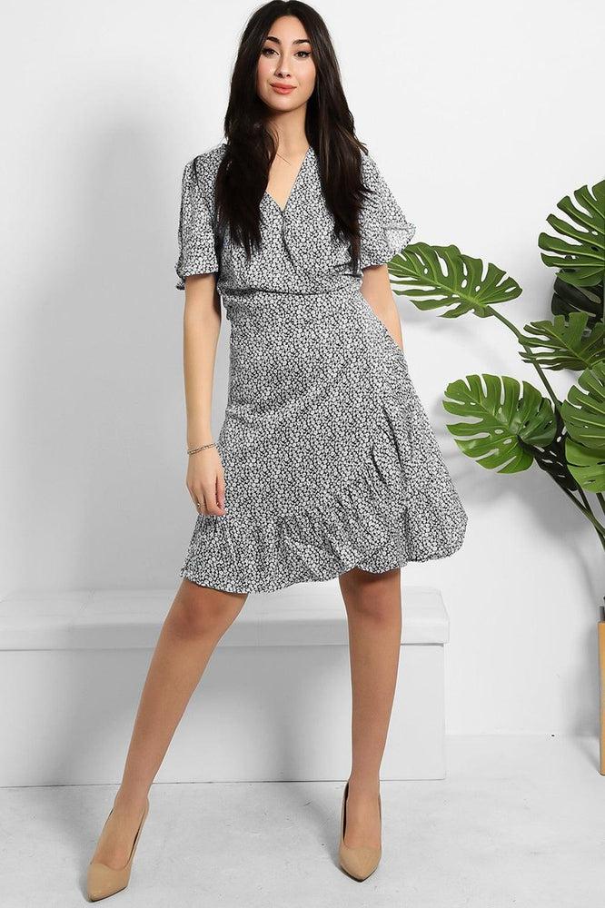 Tiny Floral Print Satin Wrap Dress-SinglePrice
