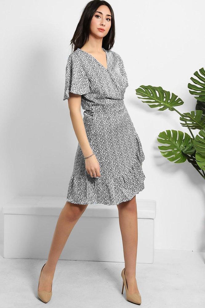 Tiny Floral Print Satin Wrap Dress-SinglePrice