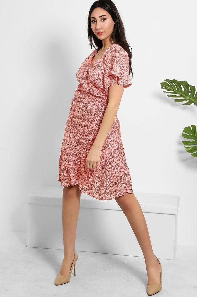 Tiny Floral Print Satin Wrap Dress-SinglePrice