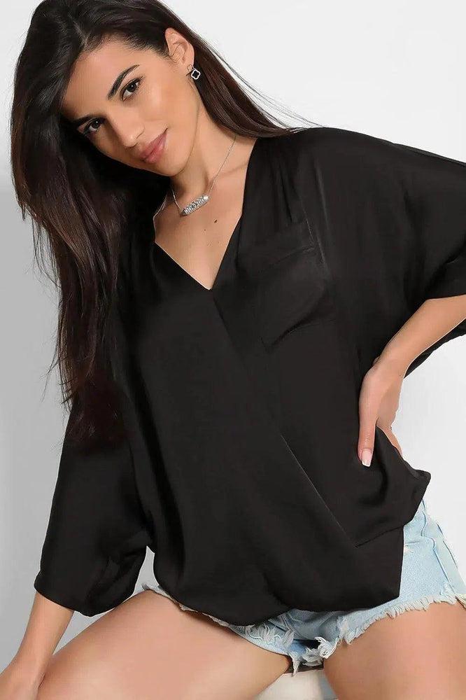 Black Satin Faux Wrap Blouse-SinglePrice