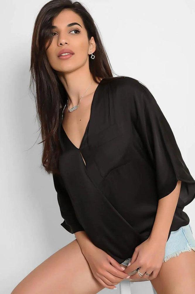 Black Satin Faux Wrap Blouse-SinglePrice