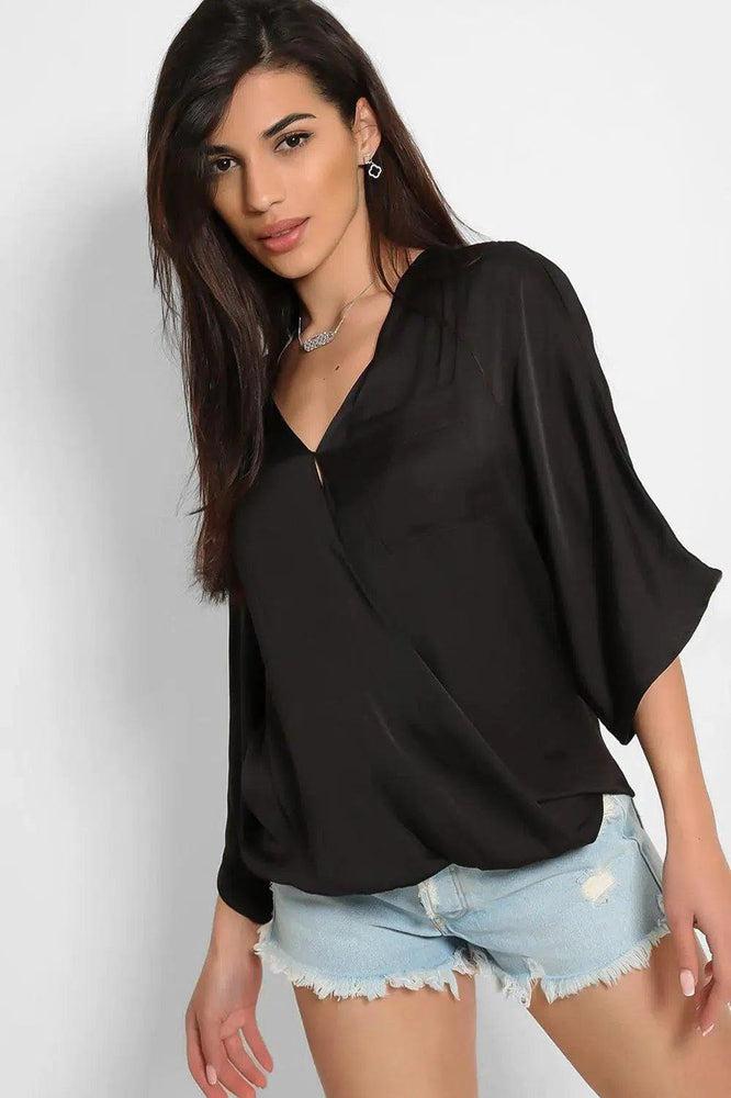 Black Satin Faux Wrap Blouse-SinglePrice