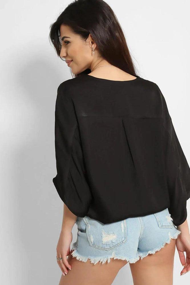 Black Satin Faux Wrap Blouse-SinglePrice