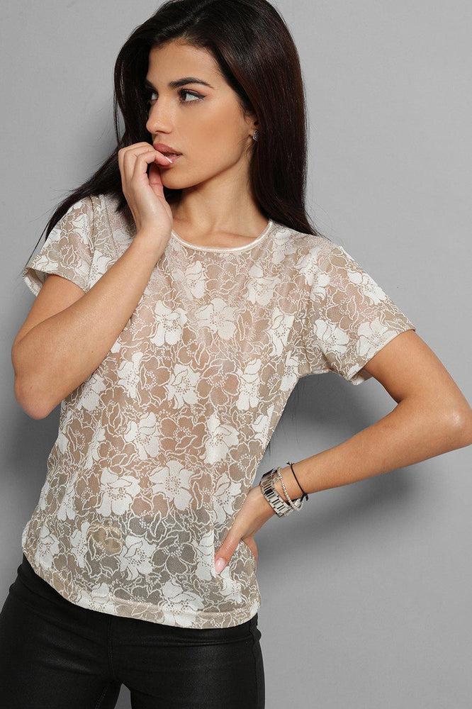 Beige Floral Print Semi Sheer Top-SinglePrice