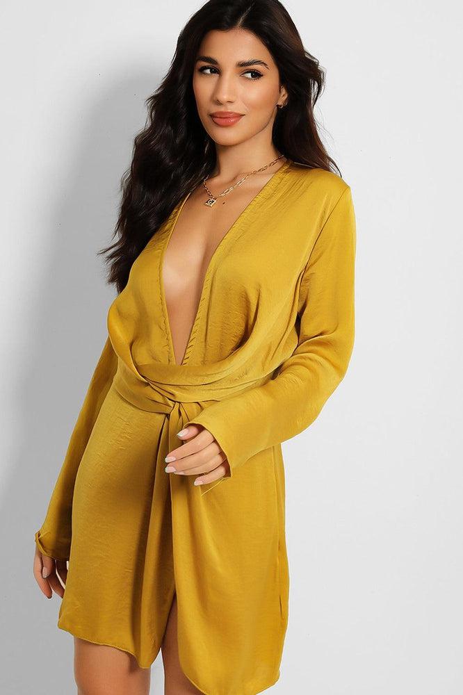 Mustard Crushed Satin Plunge Neckline Twist Front Mini Dress-SinglePrice