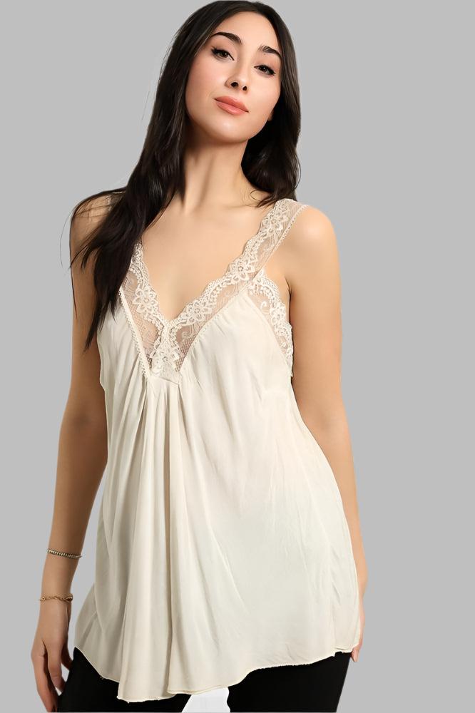 Lace Details Bleached Effect Viscose Cami Top-SinglePrice