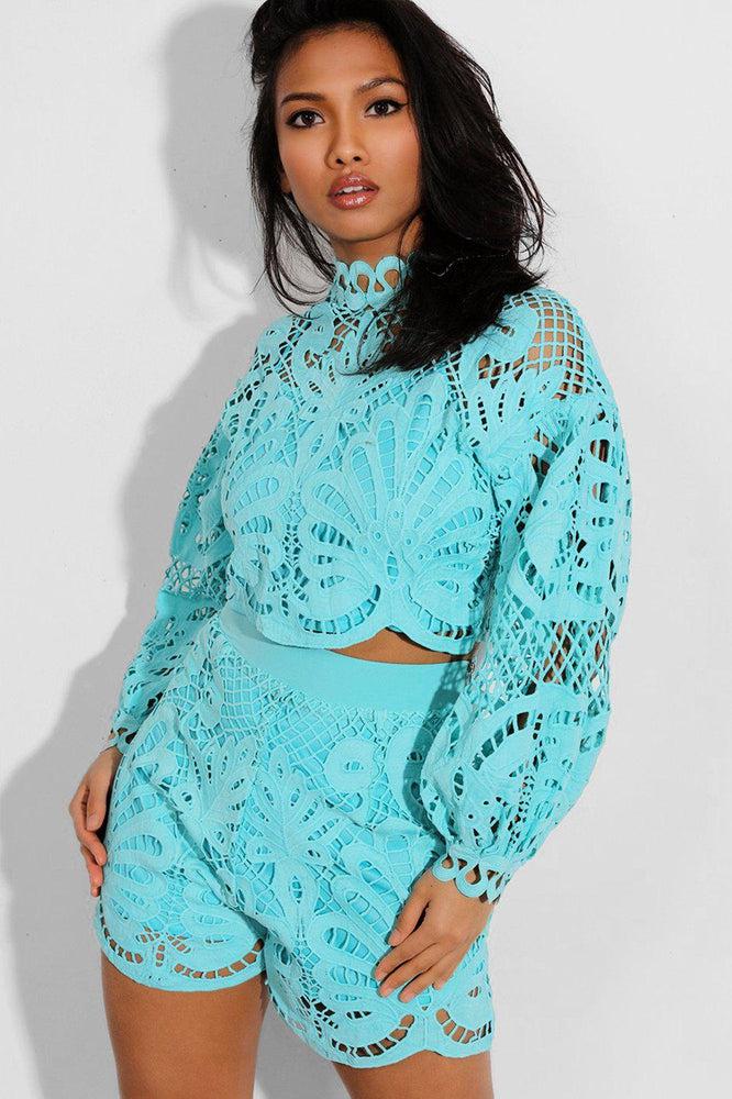 Blue Crochet Lace Overlay Balloon Sleeves Crop Top And Shorts Set-SinglePrice