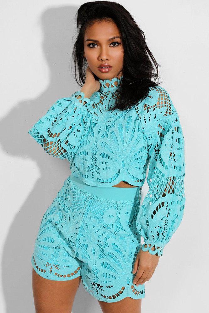 Blue Crochet Lace Overlay Balloon Sleeves Crop Top And Shorts Set-SinglePrice