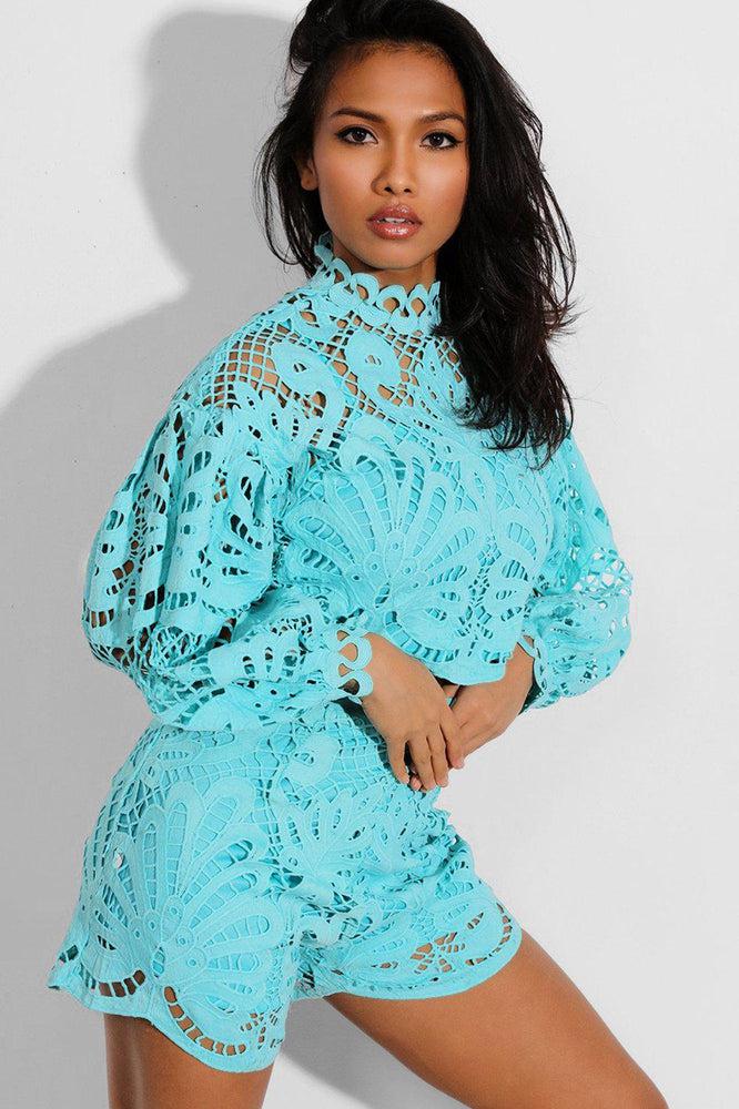 Blue Crochet Lace Overlay Balloon Sleeves Crop Top And Shorts Set-SinglePrice