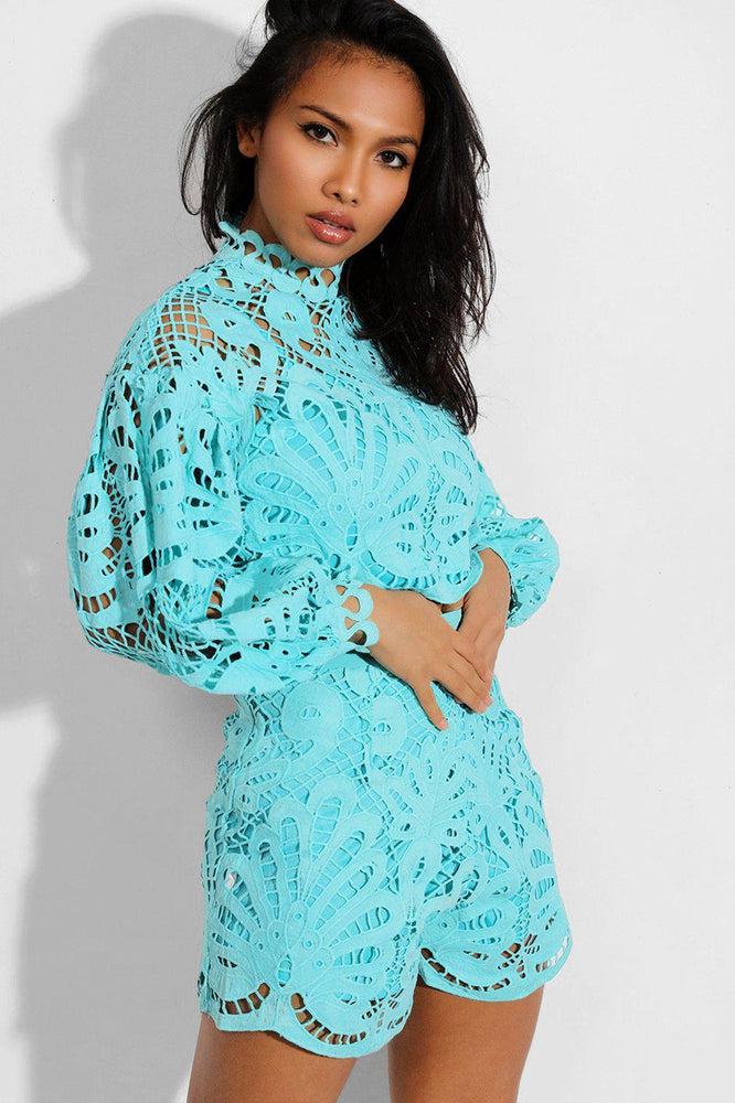 Blue Crochet Lace Overlay Balloon Sleeves Crop Top And Shorts Set-SinglePrice