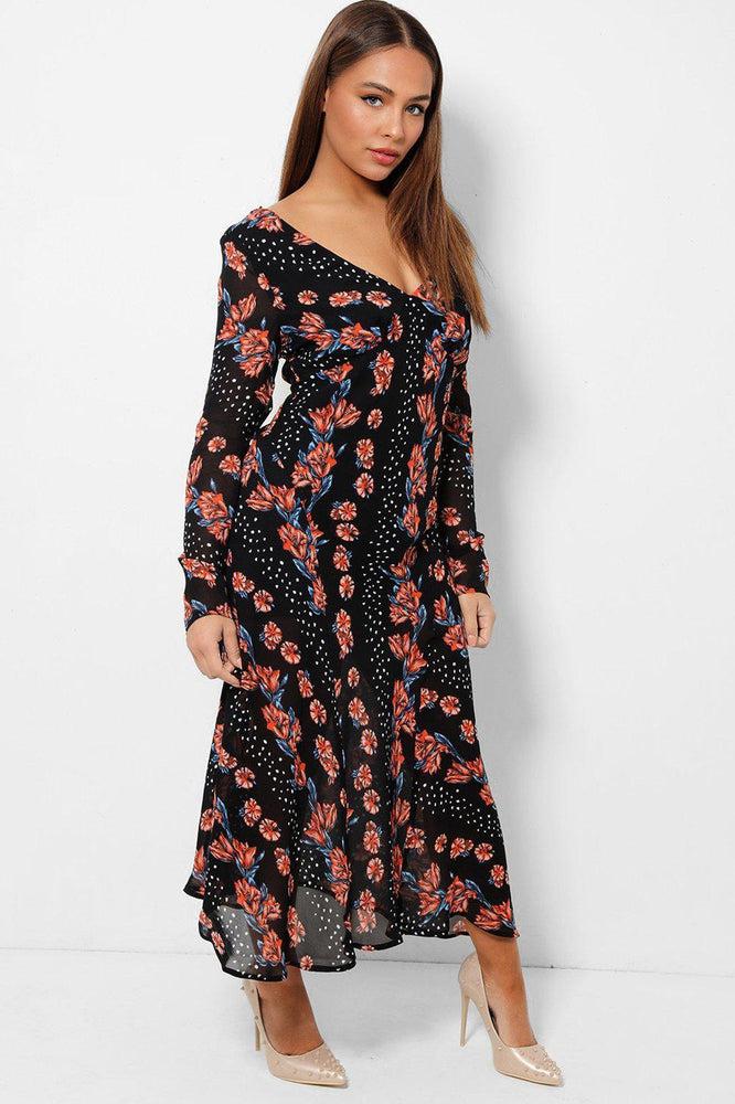 Floral Print Black V-Neck Chiffon Maxi Dress-SinglePrice
